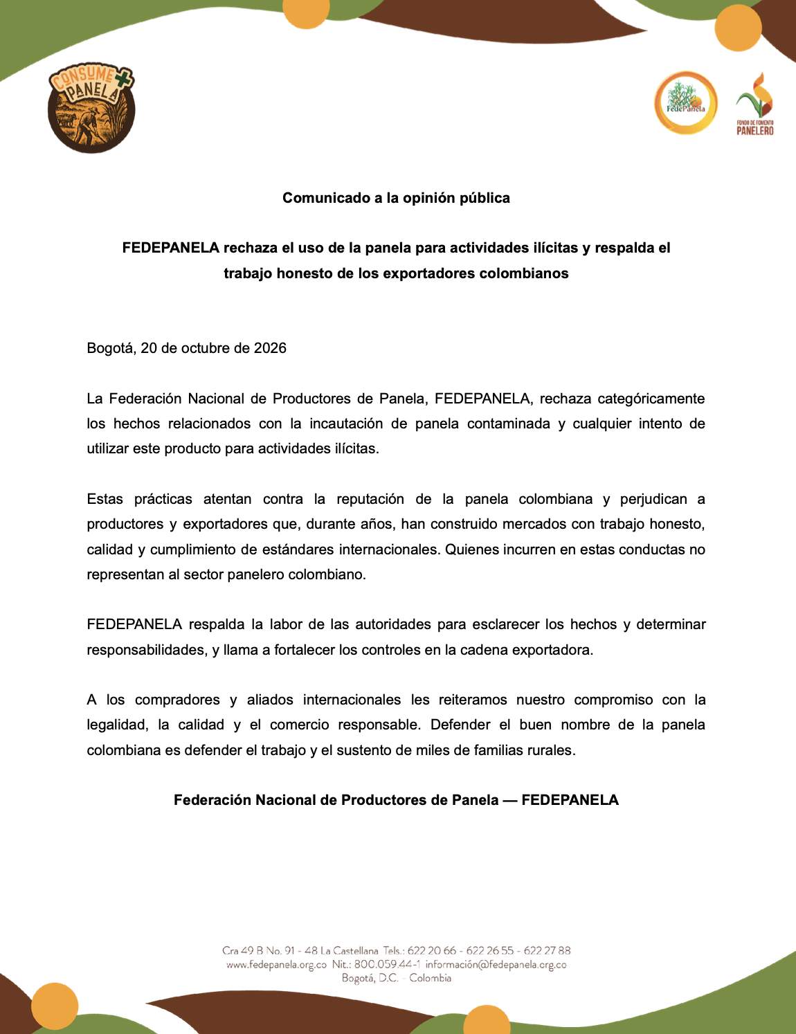 Comunicado a la opinión pública:  Fedepanela rechaza el uso de la panela para actividades ilícitas y respalda el trabajo honesto de los productores y exportadores colombianos.